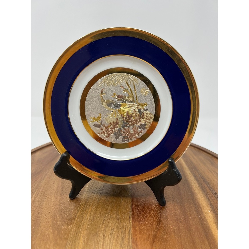 Art of Chokin Plate Japanese Peacock Bamboo‎ Gold Silver Engraving Dish